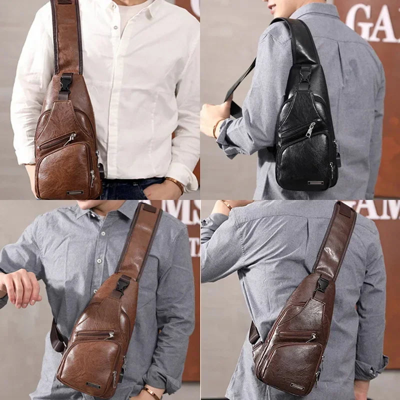 Men’s PU Leather Chest Bag – USB Charging Travel Crossbody Messenger - Evallys.com