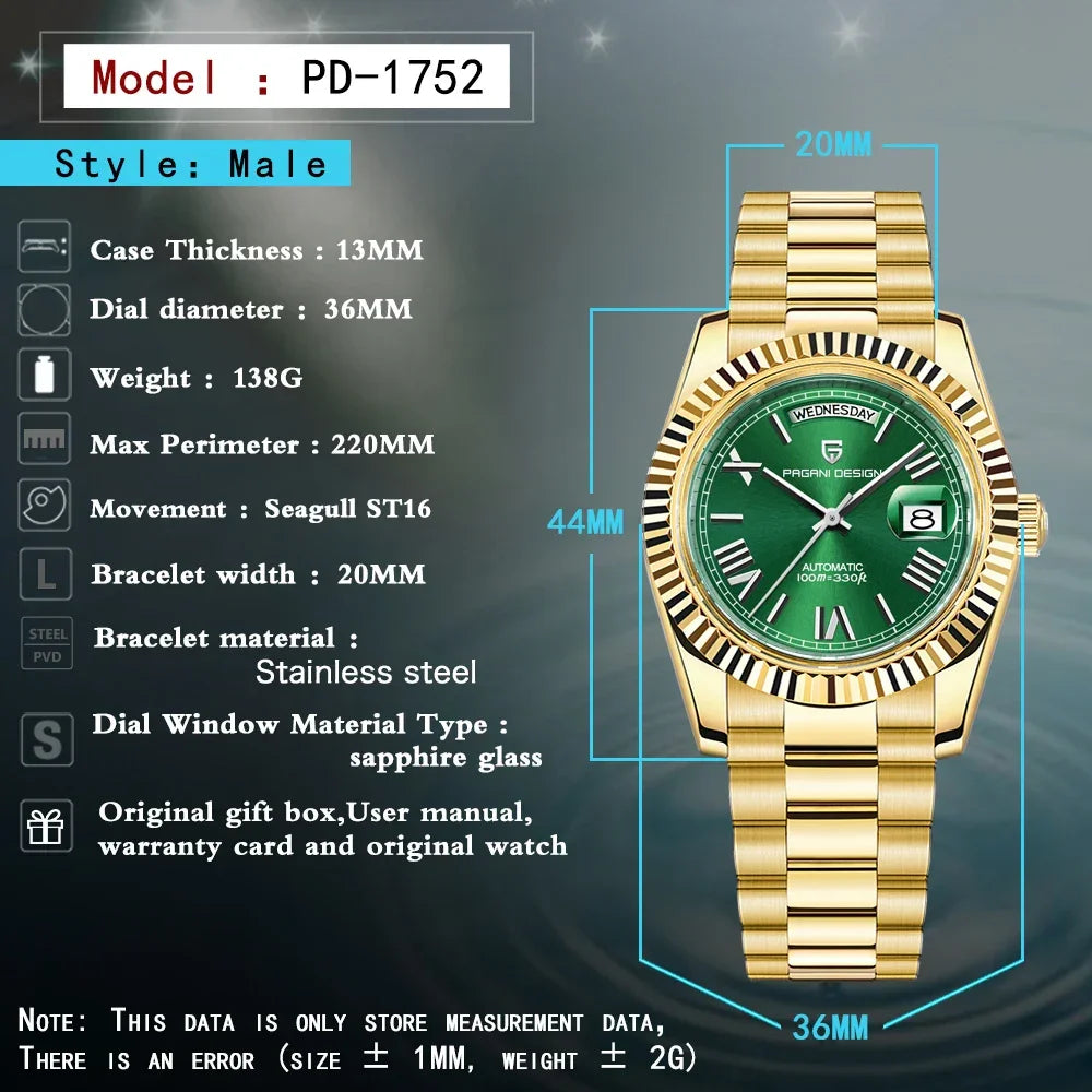 PAGANI DESIGN DD36 Gold Green V2 Men's Mechanical Watches Luxury Automatic Watch For Men 2024 New AR Sapphire glass Wrist watch - Evallys.com