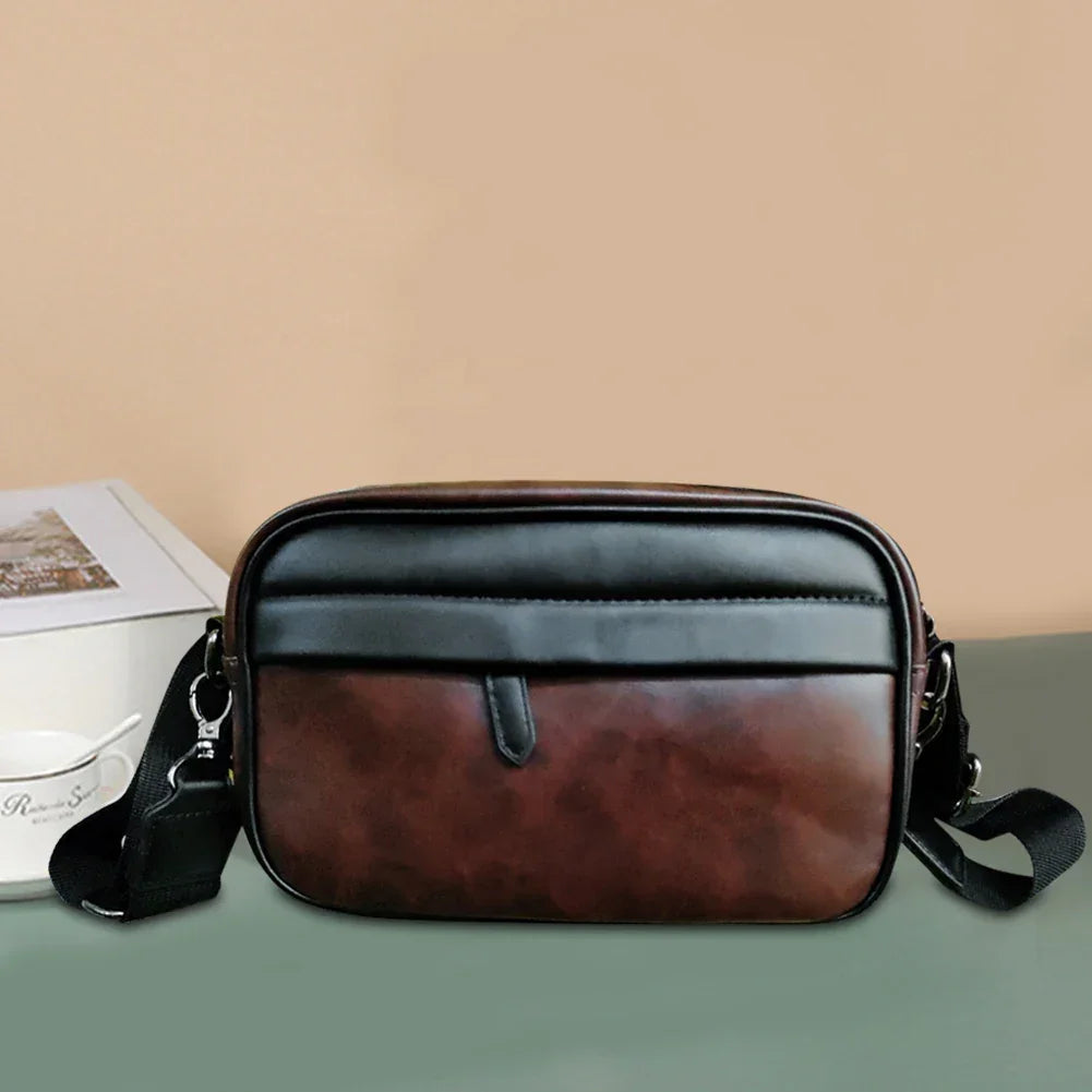 Leather Fashion Crossbody Bag Classic Pattern Casual Business Men Shoulder Crossbody Bag Wide Strap Small Square for Travel Work - Evallys.com