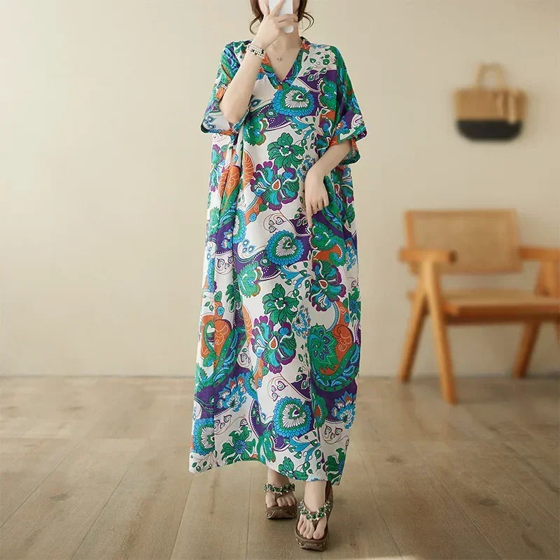 Vintage Cotton Summer Maxi Dress – Harajuku Floral Beachwear - Evallys.com