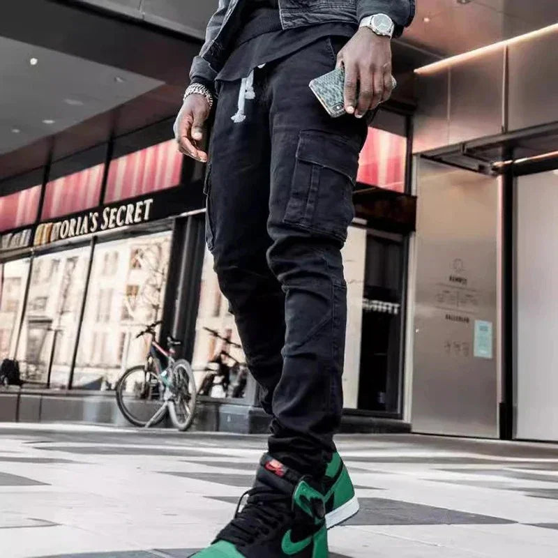 Men Street Elastic Denim Jeans Wash Solid Color Multi Pockets Cargo Pants Casual Slim Fit Daily Wear Joggers Mid Waist Trousers - Evallys.com