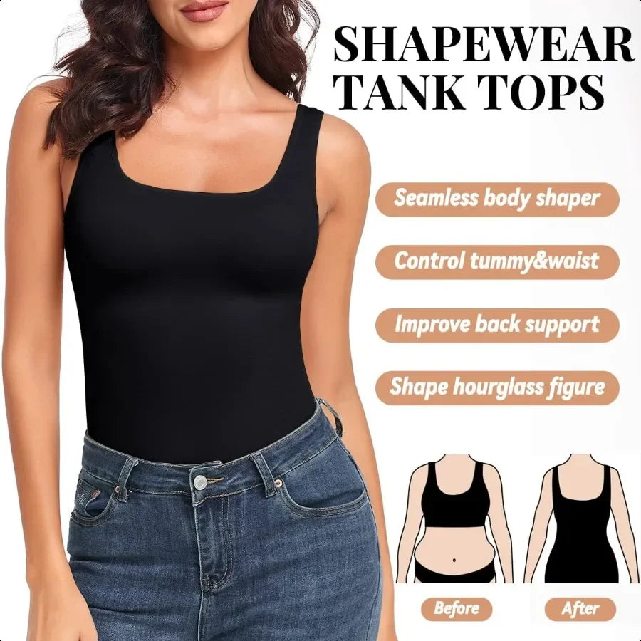 Women’s Tummy Control Shapewear Tank – Slimming Square Neck Camisole - Evallys.com