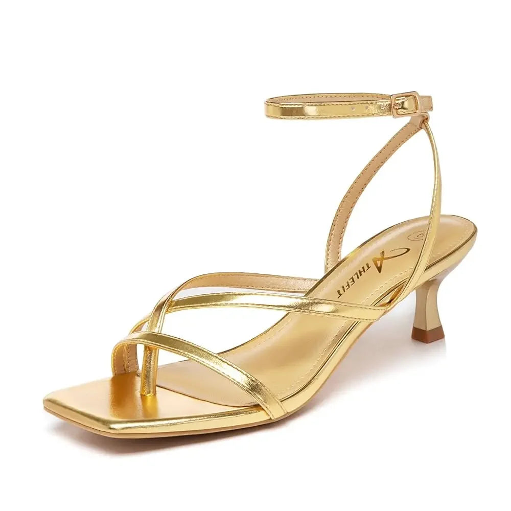 Women's Strappy Kitten Heels Square Toe Flip Flops Low Heels Ankle Strap Party Dress Thong Heeled Sandals - Evallys.com