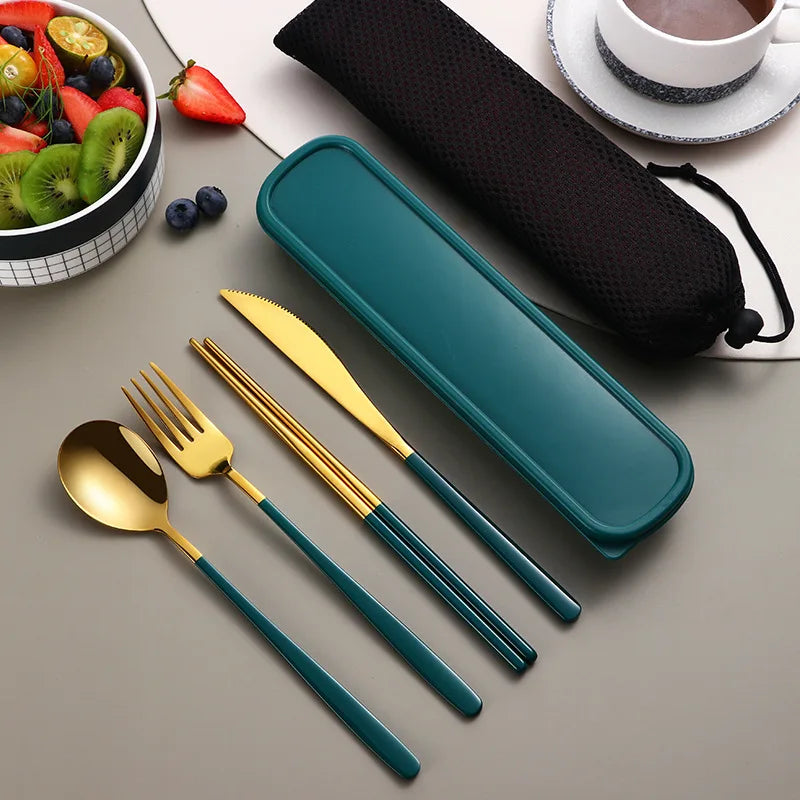 Portable Cutlery Set for Camping & Travel 4pcs Stainless Steel Knife, Fork, Spoon Kit with Storage Box