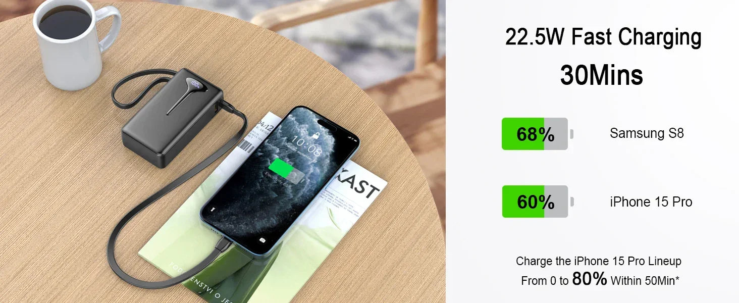 10000mAh Portable Charger Power Bank with 22.5W Fast Charging, USB-C In&Out, Built-in Cable,Travel Essentials for iPhone,Android - Evallys.com