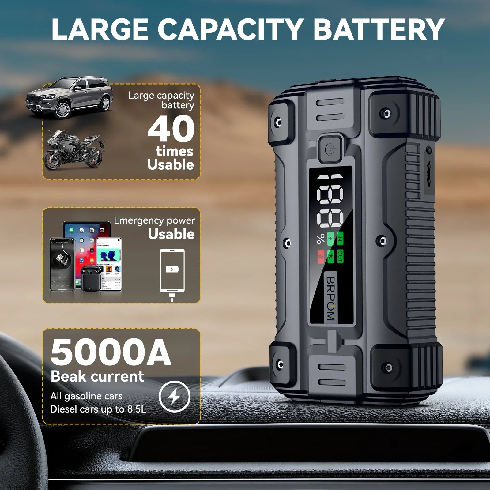 Car Jump Starter 3000A/4000A/5000A Battery Charger Emergency Power Bank Booster for 12V Gasoline and Diesel Vehicles Starting - Evallys.com