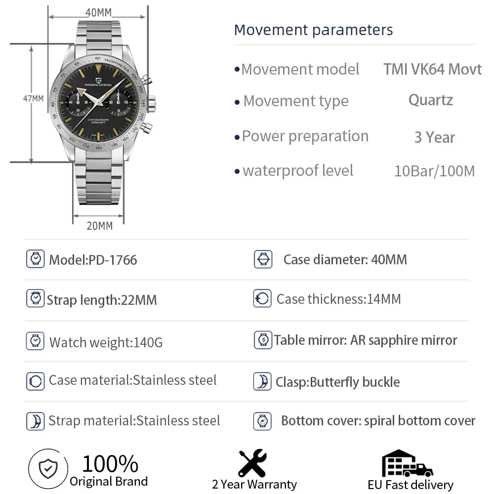 2024 New PAGANI DESIGN Retro Mens Watches Moon Quartz Watch For Men Speed Sports Chronograph AR Sapphire VK64 Clock Reloj Hombre - Evallys.com