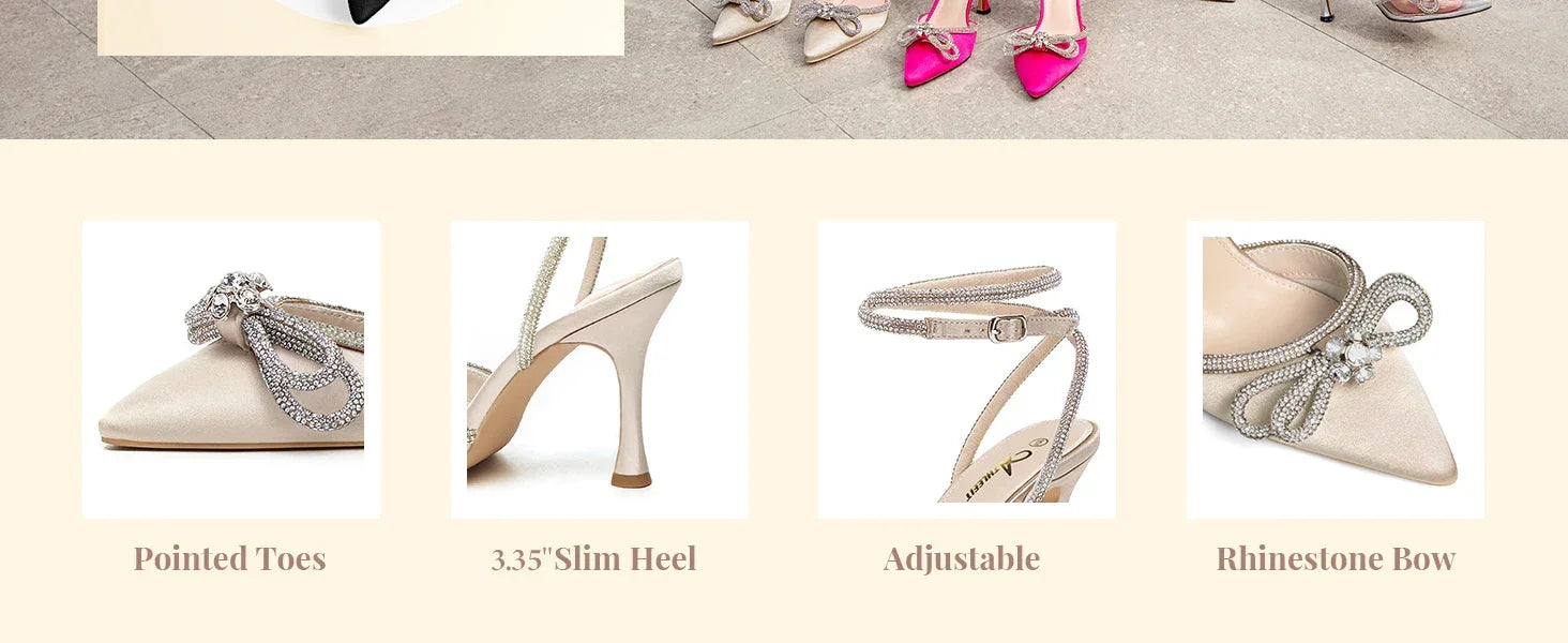 Women's Rhinestone Bow Heels Ankle Strap Pointed Toe Stiletto Heeled Sandals Wedding Bridal Dress Pumps Shoes - Evallys.com