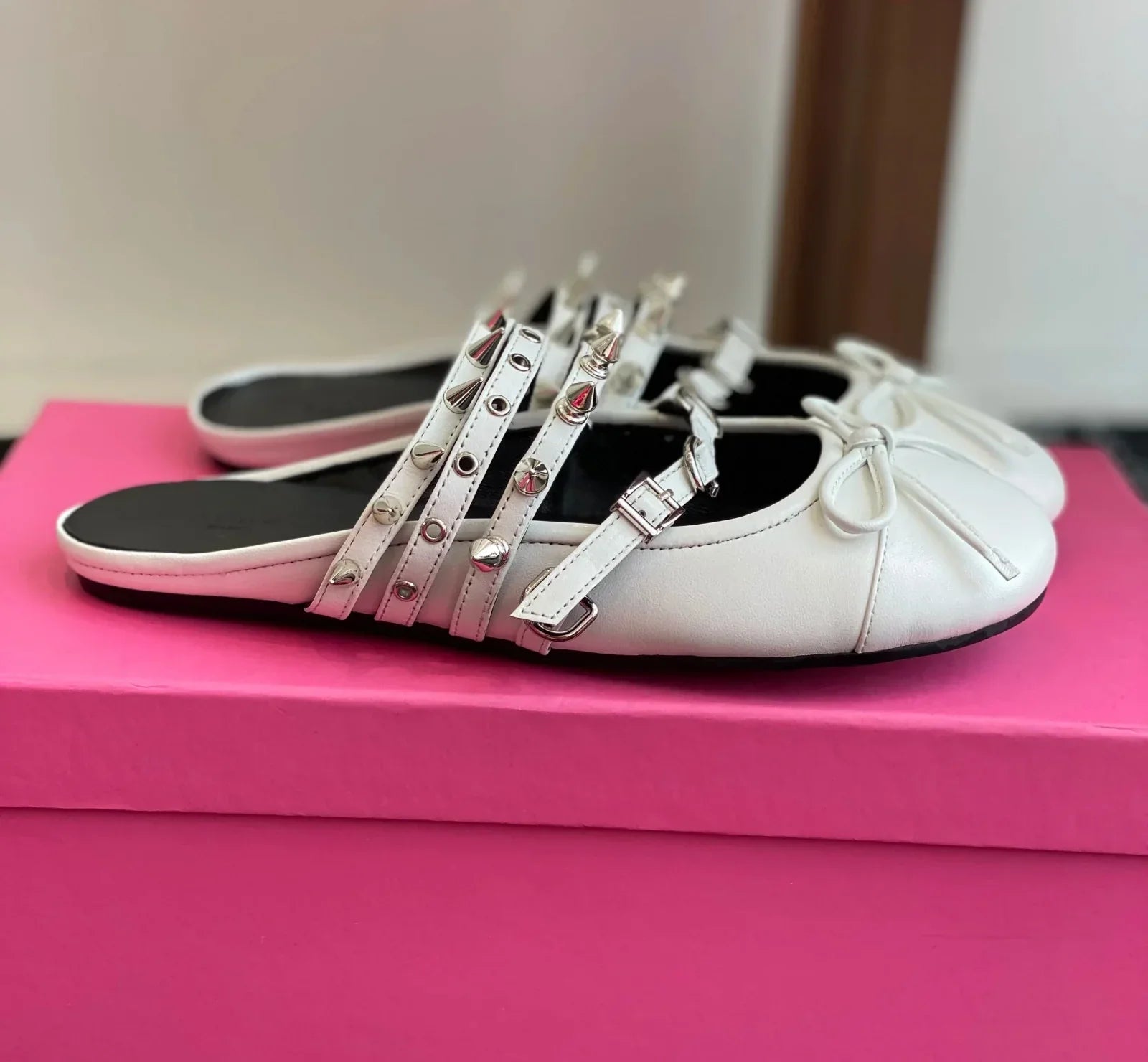 Women’s Spike Ballerina Flats – Genuine Leather Slip-On Punk Mules - Evallys.com