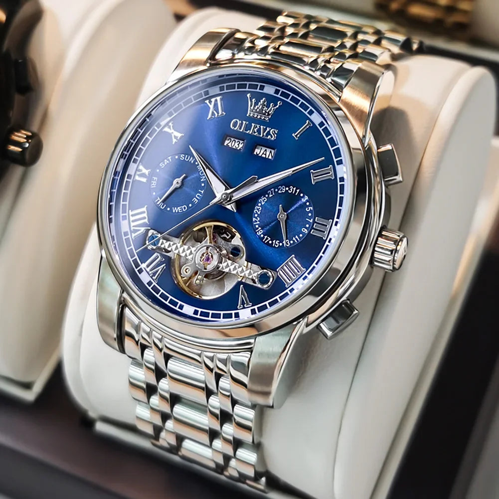 OLEVS Men's Watches Automatic Mechanical Business Wristwatch Waterproof Stainless Steel Strap Watch for Man Skeleton Calendar - Evallys.com