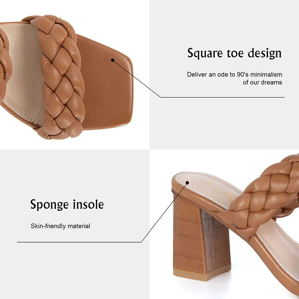 Elegant Women's Braided Heels Sandalias Fashion Strappy Square Sandals Open Toe Backless Mules Slip On Block Heeled Shoes - Evallys.com