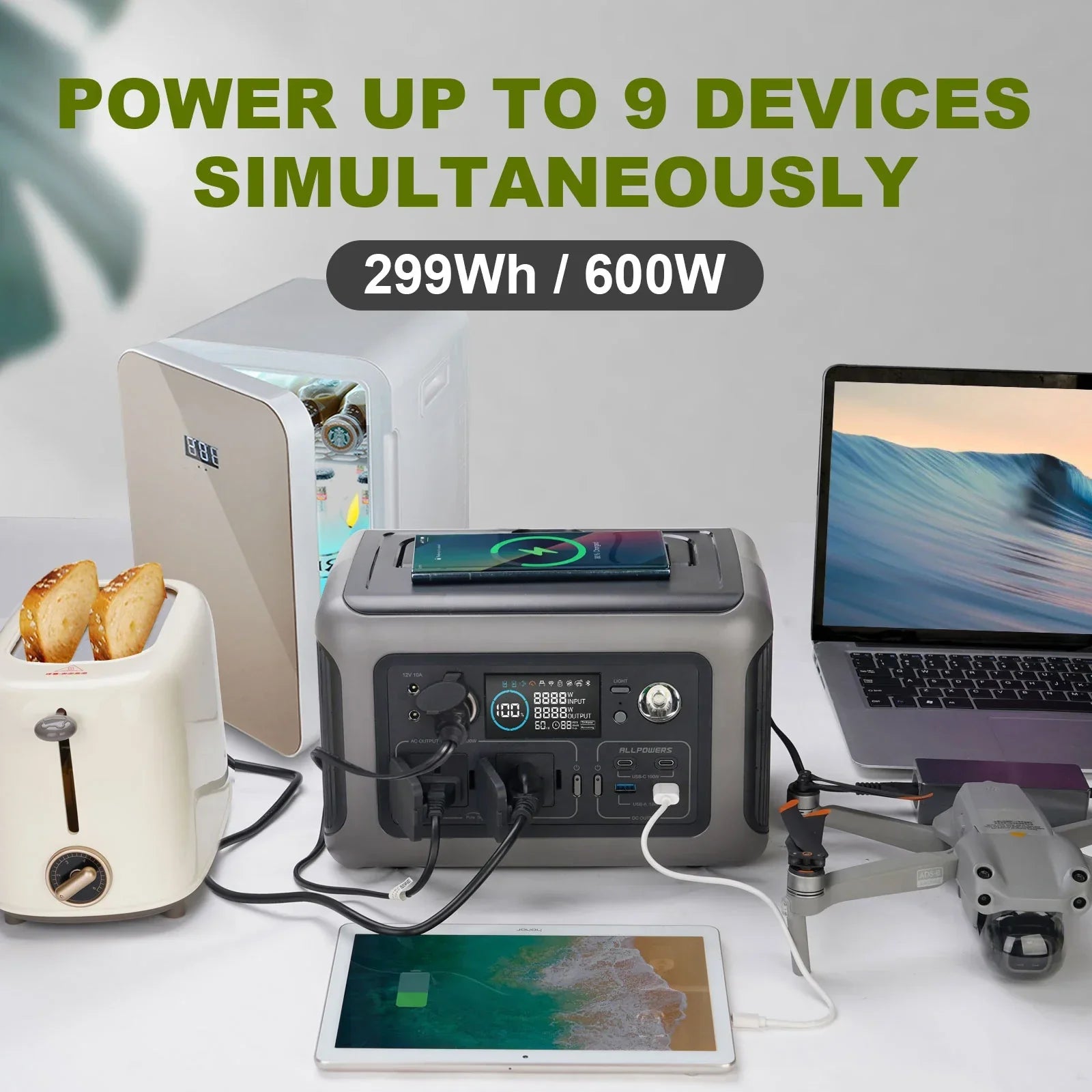 ALLPOWERS Portable Power Station R600, 299Wh LiFeP04 Battery with 2x 600W (1200W Surge) AC Outlets for Outdoor Camping RV Home - Evallys.com