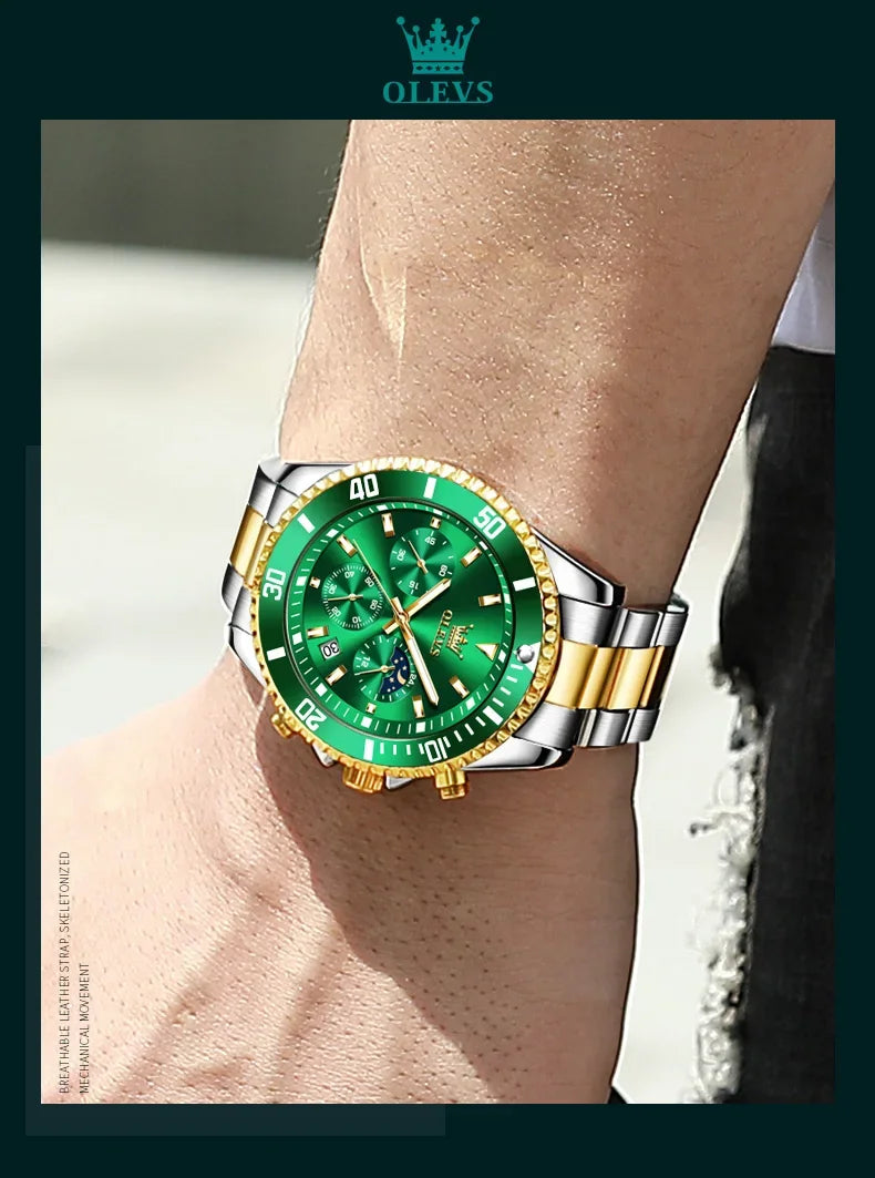 OLEVS Men's Watches Top Brand Luxury Watch for Men Original Waterproof Stainless Steel Chronograph Moon Phase Date Rota Dial - Evallys.com