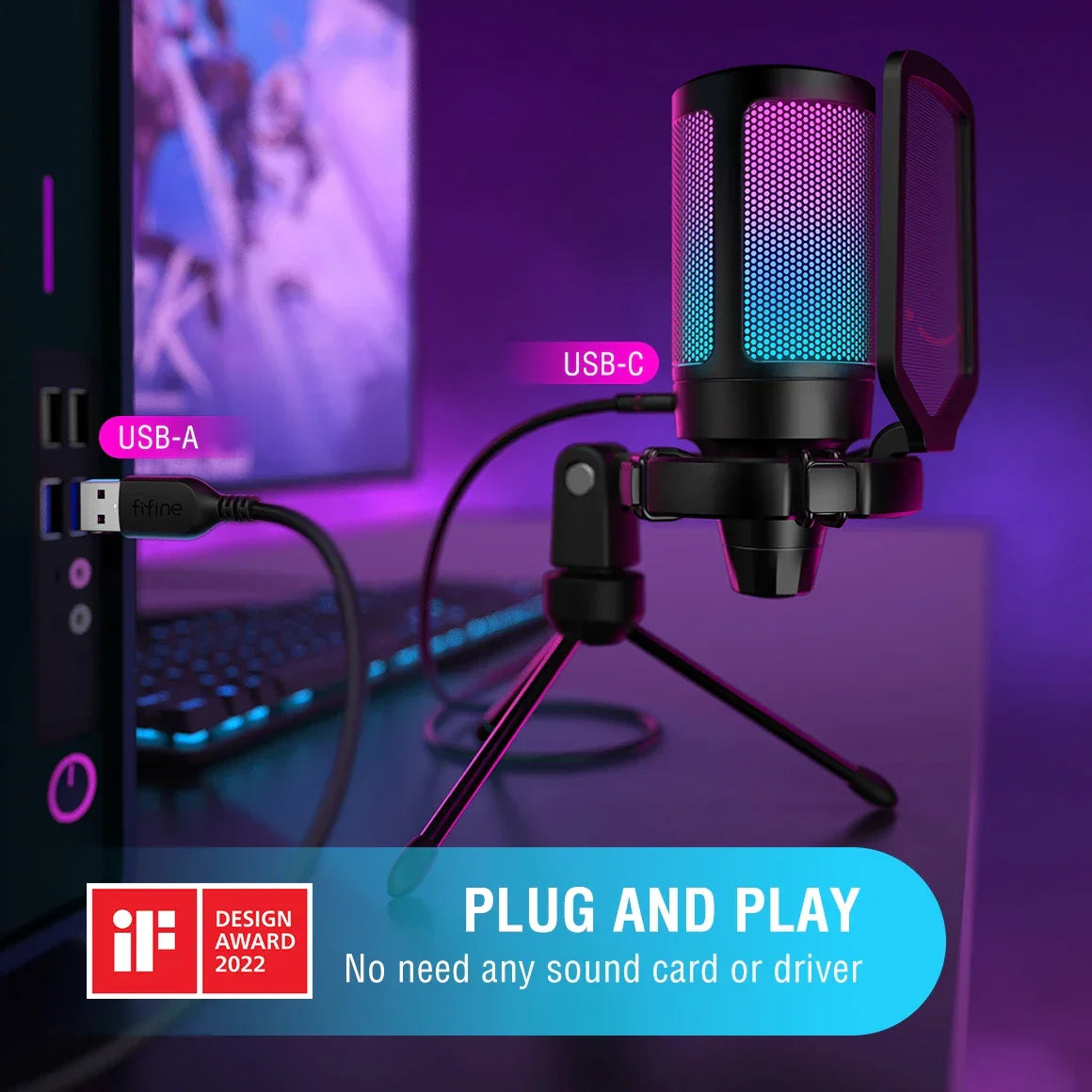 FIFINE Ampligame USB Microphone for Gaming Streaming with Pop Filter Shock Mount&Gain Control,Condenser Mic for PC/MAC - Evallys.com