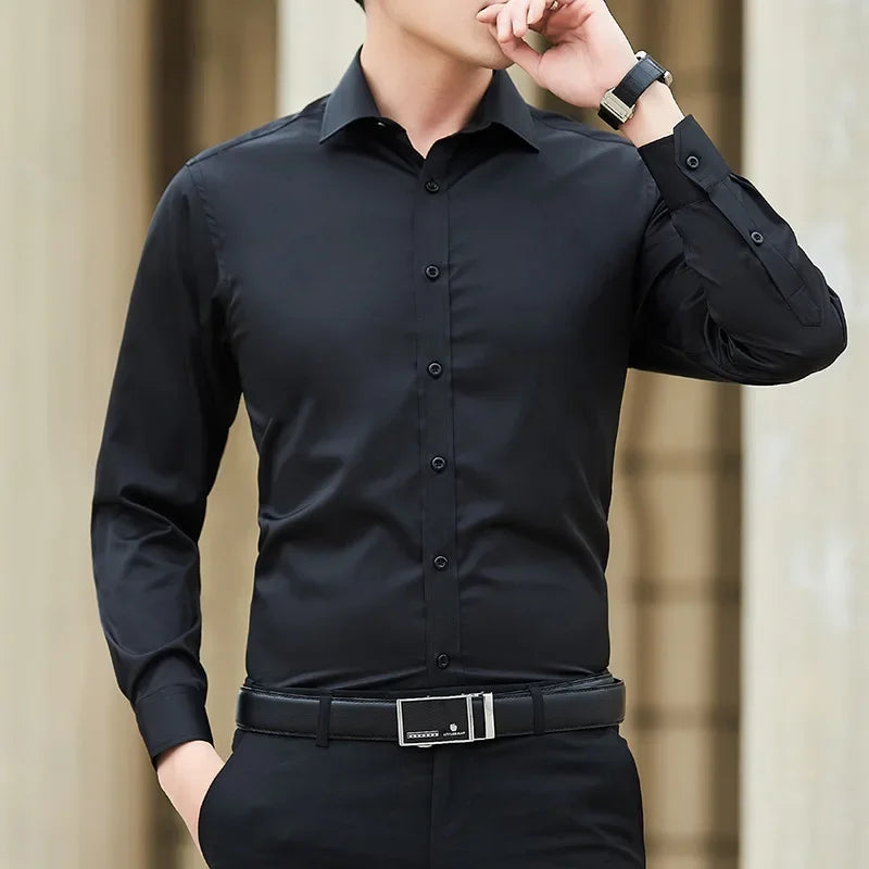 New Plus Size Men Solid Color Business Shirt Fashion Classic Basic Casual Slim White Long Sleeve Shirt Brand Clothes - Evallys.com