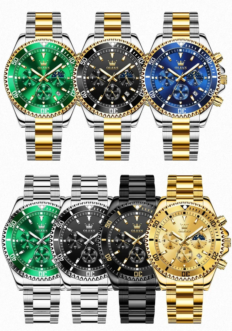 OLEVS Men's Watches Top Brand Luxury Watch for Men Original Waterproof Stainless Steel Chronograph Moon Phase Date Rota Dial - Evallys.com
