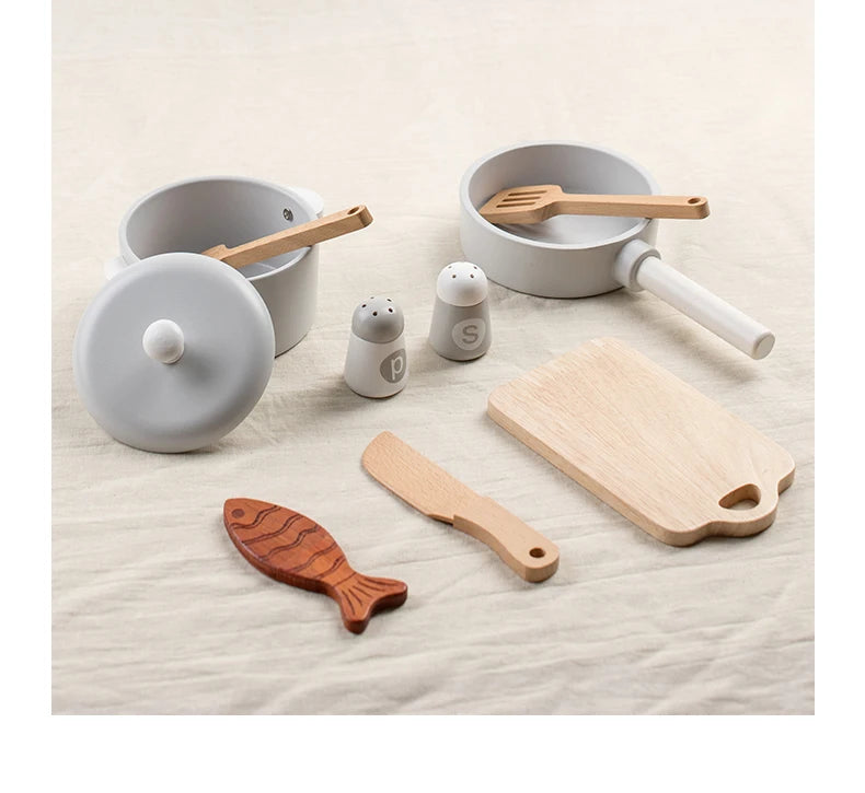 Children's simulation kitchen toys, early education educational toys, wooden simulation pots and pans, food, role-play chef