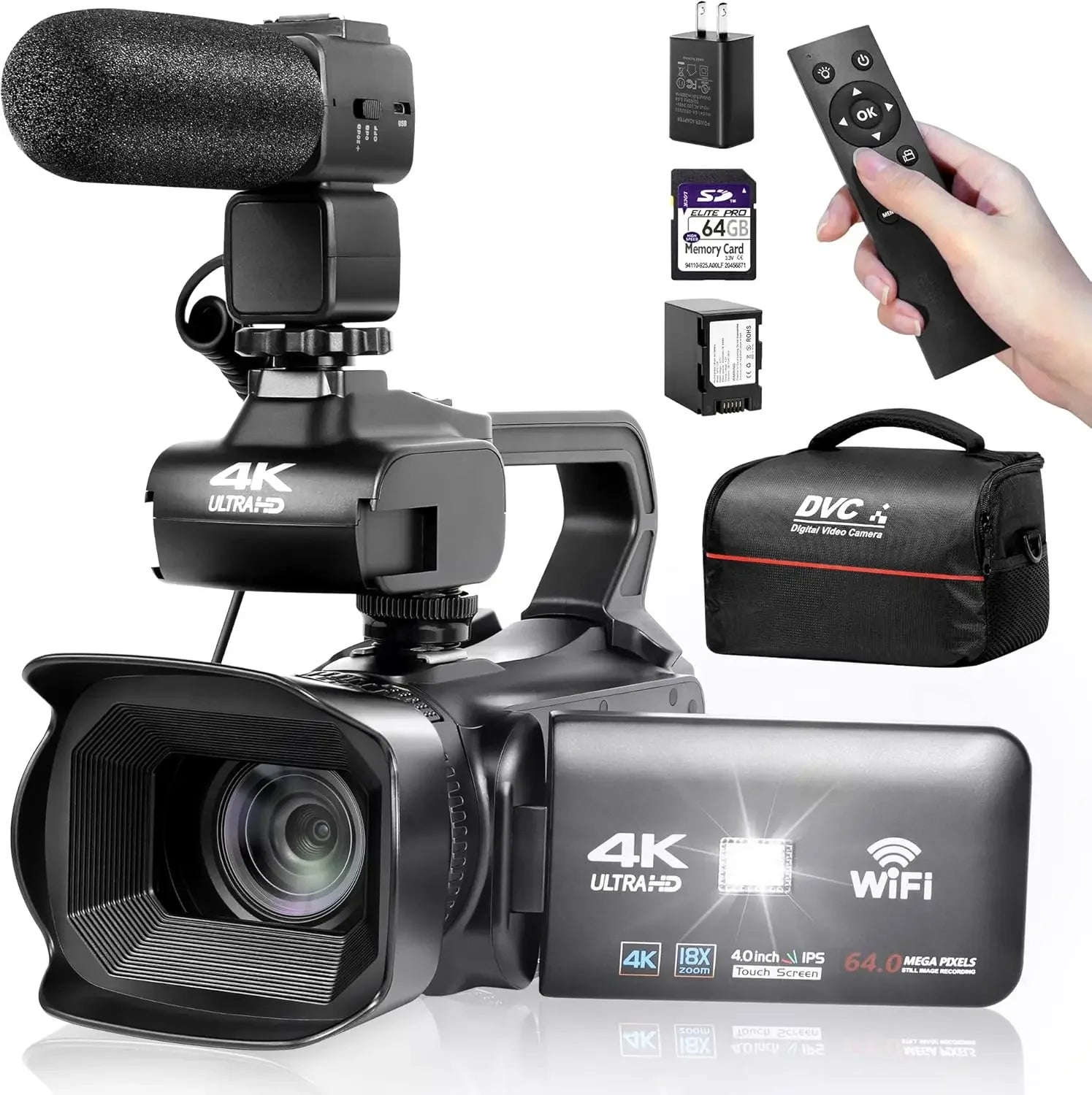 UHD 4k Video Camera Camcorder with 18X Digital Zoom,64MP Digital Camera Recorder,4.0-inch Rotating Touchscreen,64GB SD Card,Micr - Evallys.com