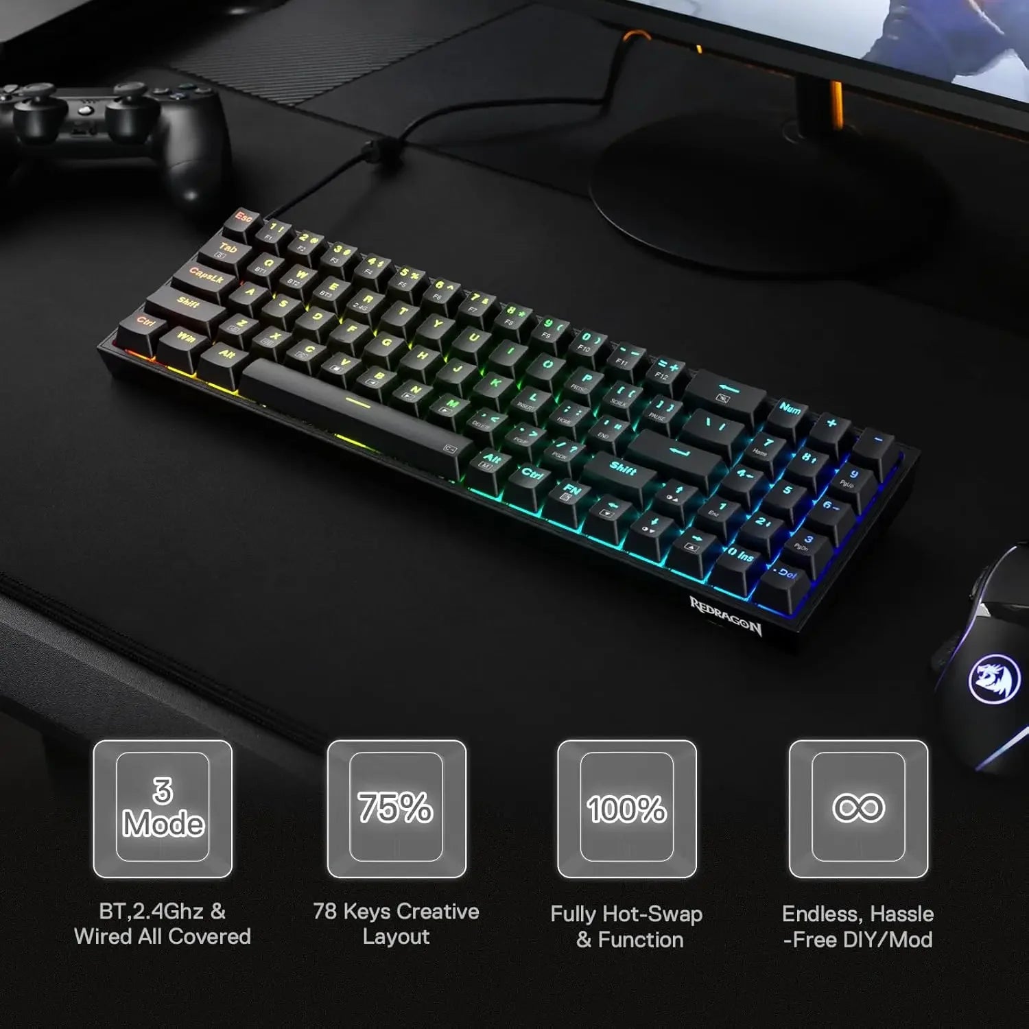 Redragon BS136 Gaming Keyboard & Mouse Combo, 75% K628 Tri-Mode Wireless RGB Mechanical Keyboard and 7200 DPI Gamer Mouse Bundle - Evallys.com