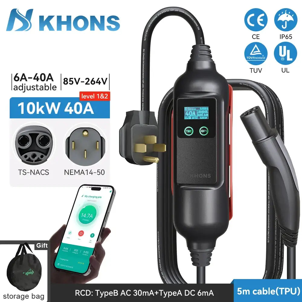Khons EV Charger Level2 EV Charger 220V 7kW 32A Connector NEMA 14-50 Plug 16FT TPU Cable  WIFI/APP For Models 3/Y/S/X