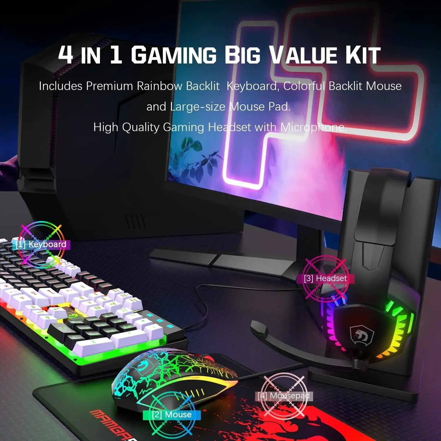 MANBASNAKE T11 Wired Gaming Keyboard and Mouse Headset Combo,Rainbow LED Backlit Wired Keyboard - Evallys.com