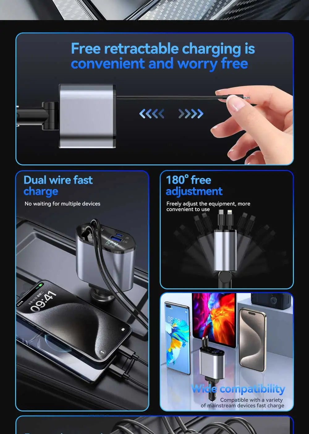120W 4 in 1 Car Charger Retractable Car Cigarette Lighter Adapter USB Type C Fast Charger Cable For IPhone Xiaomi Huawei Samsung