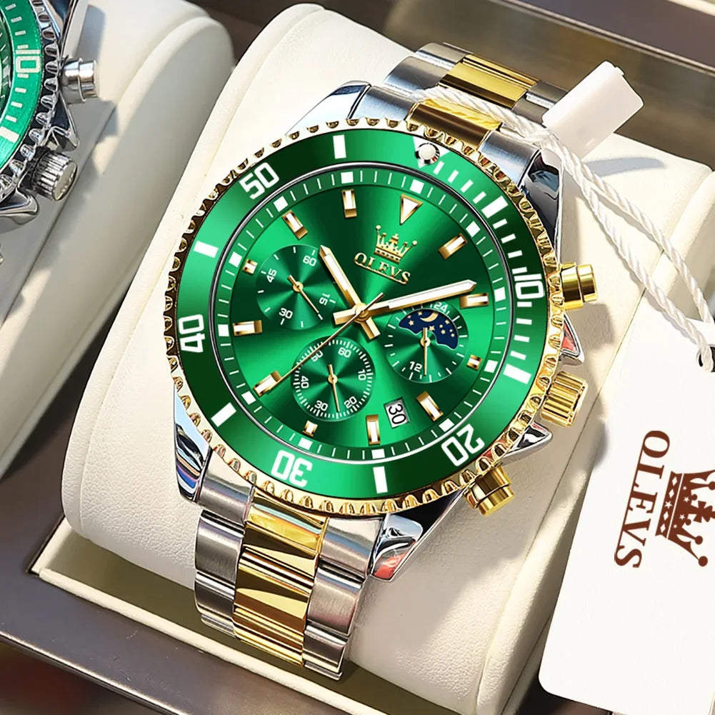 OLEVS Men's Watches Top Brand Luxury Watch for Men Original Waterproof Stainless Steel Chronograph Moon Phase Date Rota Dial - Evallys.com
