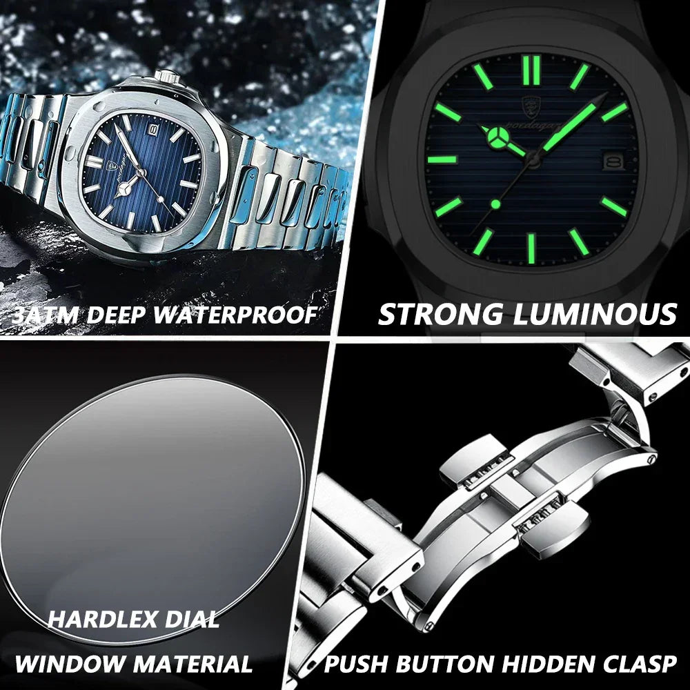 POEDAGAR Luxury Casual Watch Top Brand Fashion Square Dial Stainless Steel Calendar Luminous Waterproof Men Watch Male Clock+Box - Evallys.com