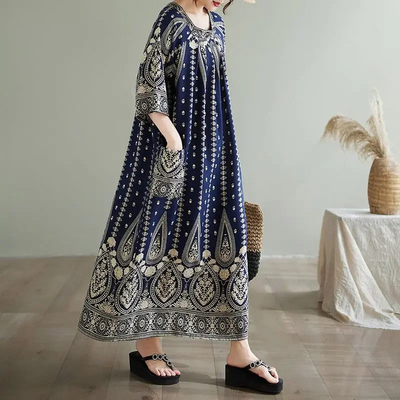 Summer Ethnic Print Dress with Pockets – Loose Mid-Calf Casual Wear - Evallys.com