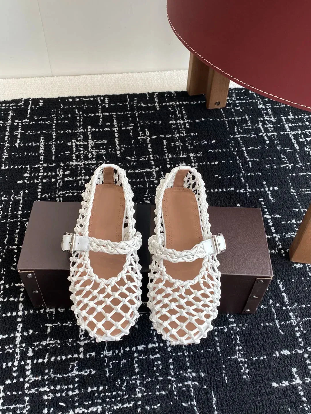 Women’s Metallic Leather Ballet Flats – Woven Mary Janes with Buckle Strap - Evallys.com
