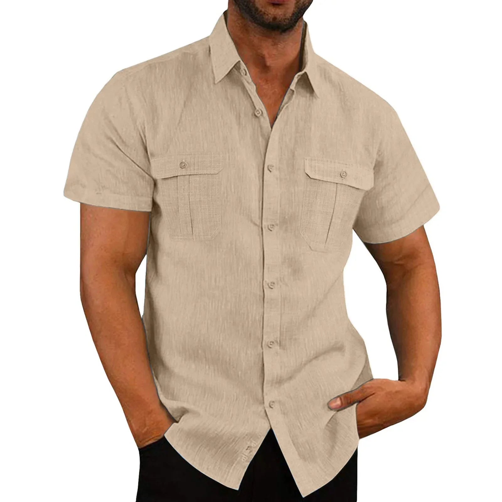 Cotton Linen Hot Sale Men Short-Sleeved Shirts Summer Solid Color Stand-Up Collar Casual Beach Style Plus SizeMale Shirts M-5XL - Evallys.com