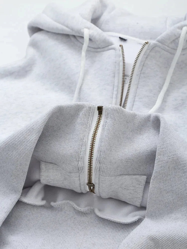 TRAF 2024 Spring Female Casual Hoodies Zipper Coats+Elastic Waist Baggy Pants 2 Pieces Set Elegant Loose Solid Pink Grey Pants - Evallys.com