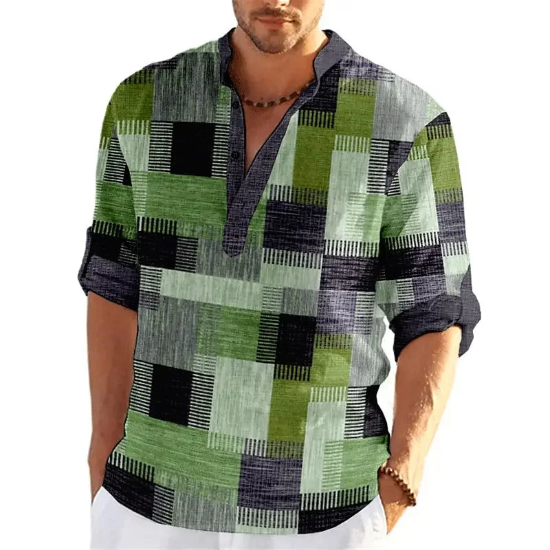 Patchwork 3D Print Color Block Henley Shirts Men's Fashion Vintage Stand Collar Long Sleeve Shirt Male Tops Blouse Man Clothing - Evallys.com