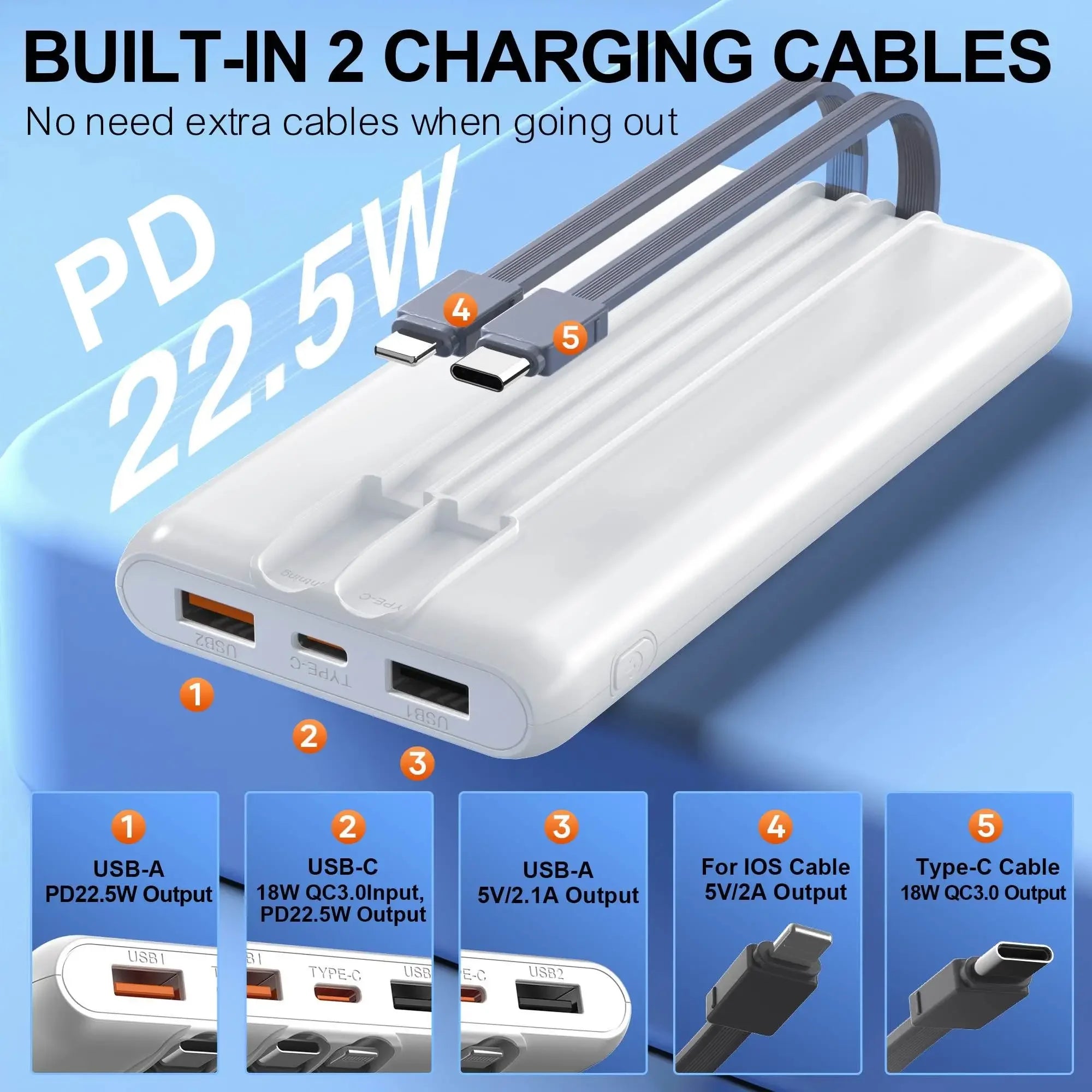Power Bank Battery Pack Portable Charger 10000mAh with Built-in Cables, PD 22.5W, Slim Design, with LCD Display - Evallys.com