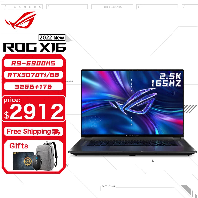 ASUS ROG Flow X16 Gaming Laptop 12th Intel Core i9 12900H 32G RAM 1T SSD RTX3080Ti-16GB 2.5K Screen 165Hz 16Inch E-sports Comput - Evallys.com # #