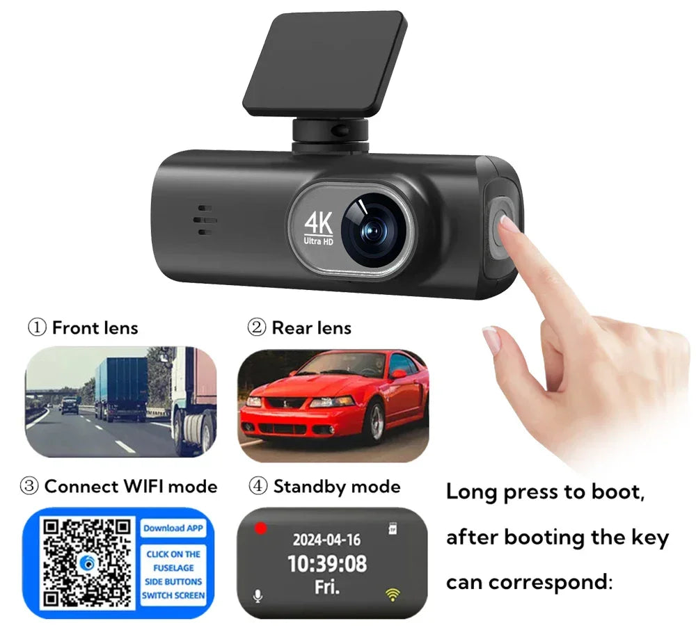 UHD 4K Dash Cam Dual Lens Driving Recorder Car DVR 1080P Rear Lens Camera Built-In WiFi GPS 24-Hour Parking Monitoring Black Box - Evallys.com