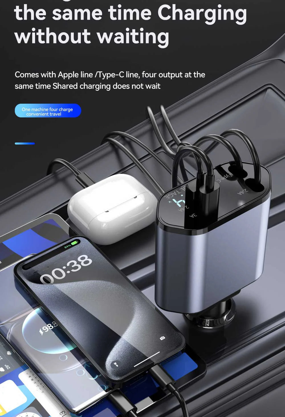 120W 4 in 1 Car Charger Retractable Car Cigarette Lighter Adapter USB Type C Fast Charger Cable For IPhone Xiaomi Huawei Samsung