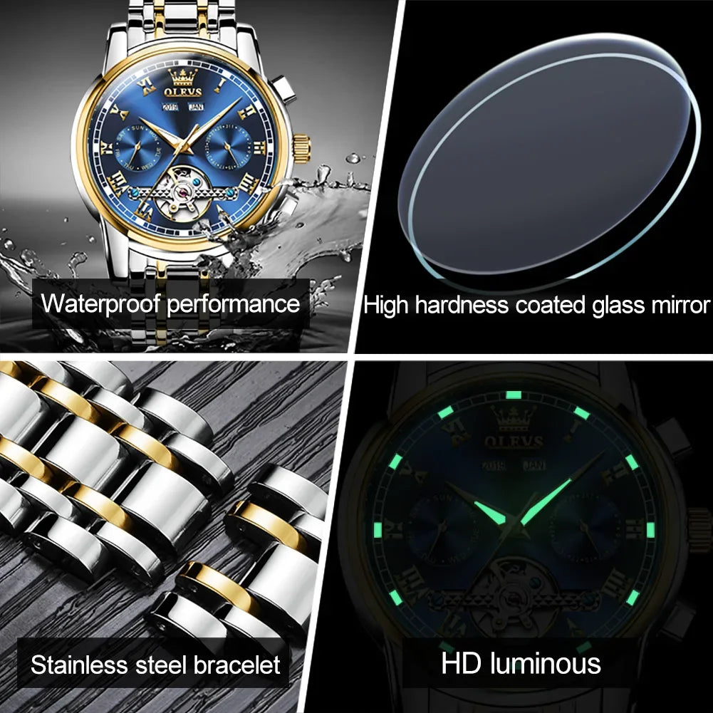 OLEVS Men's Watches Automatic Mechanical Business Wristwatch Waterproof Stainless Steel Strap Watch for Man Skeleton Calendar - Evallys.com