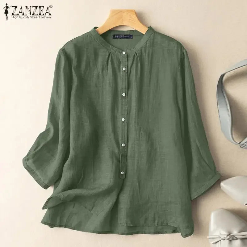 ZANZEA 2025 Spring Summer Blouses Casual Women Shirts Solid Color 3/4 Sleeve Buttons Cotton Linen Blusas Solid Top Casual Tunic - Evallys.com