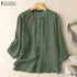 ZANZEA 2025 Spring Summer Blouses Casual Women Shirts Solid Color 3/4 Sleeve Buttons Cotton Linen Blusas Solid Top Casual Tunic - Evallys.com