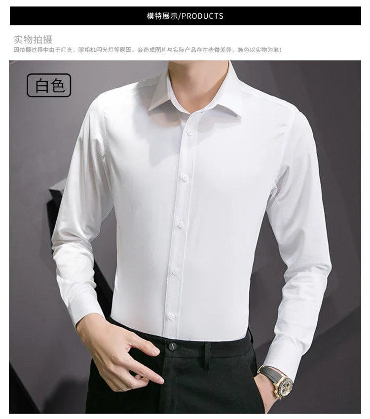 New Plus Size Men Solid Color Business Shirt Fashion Classic Basic Casual Slim White Long Sleeve Shirt Brand Clothes - Evallys.com