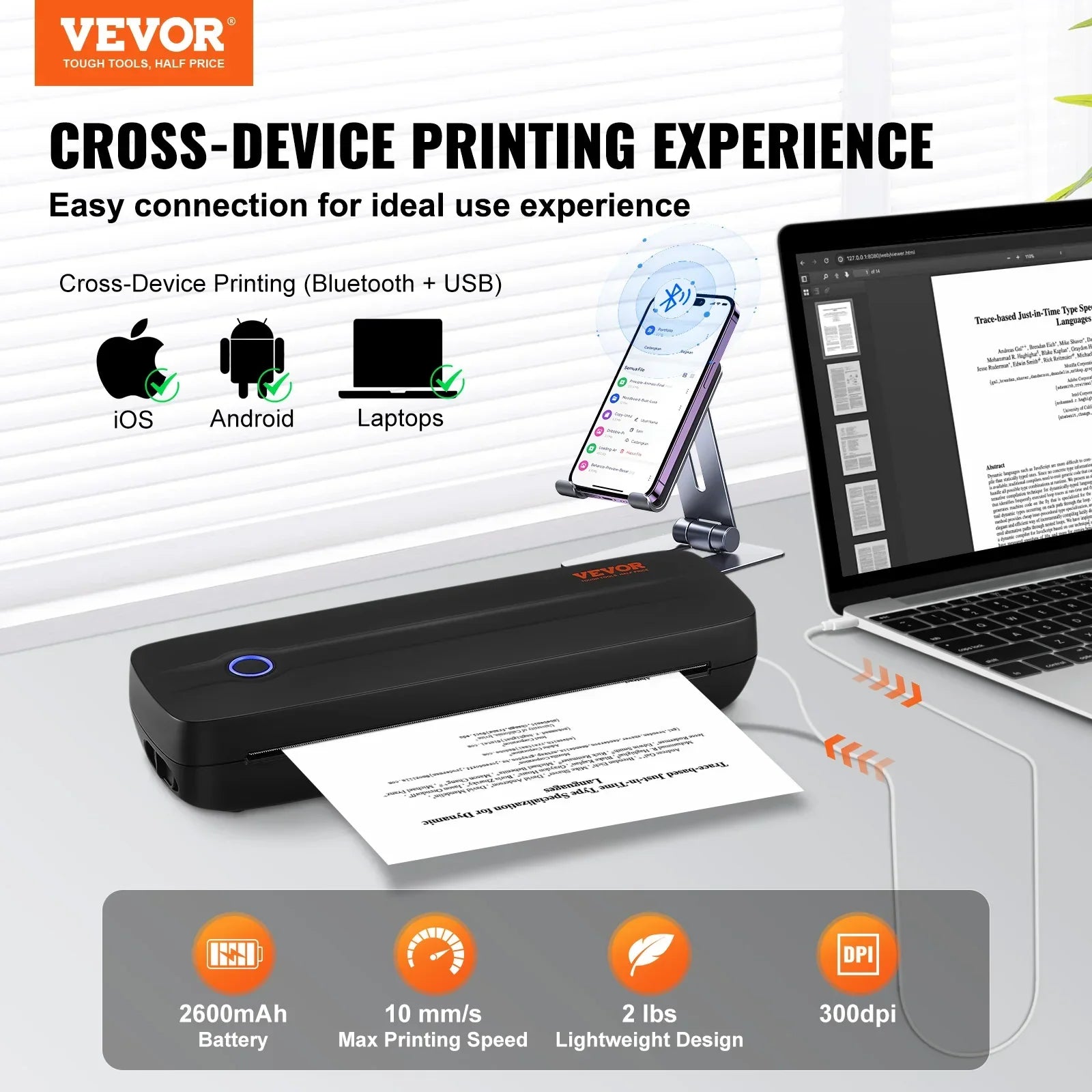 SucceBuy Portable Bluetooth Inkless Mobile Thermal Printer for A4 A5 11-2600mAh Battery Compatible with Mutiple Systems Home - Evallys.com