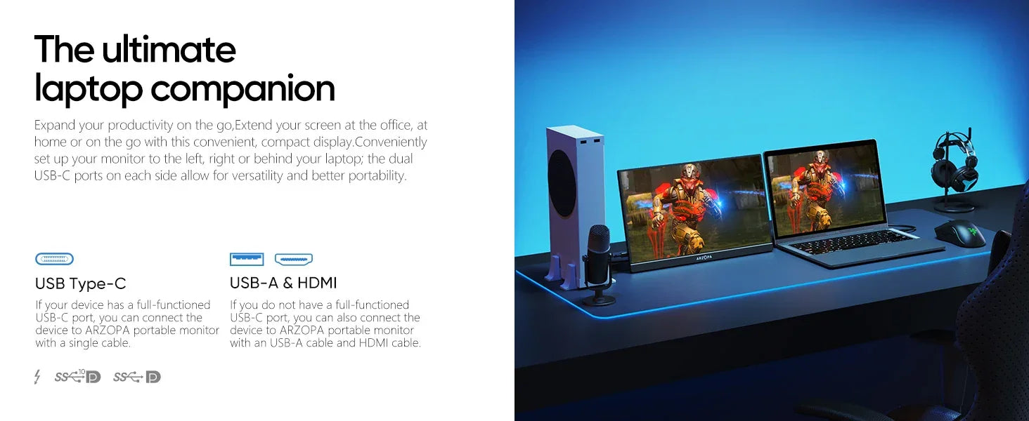 ARZOPA 16.1 inch 100% sRGB 144Hz Portable Monitor Gaming Laptop Display with Type C Mini HDMI For PS/Steam/Deck/Switch/PC/Mac - Evallys.com