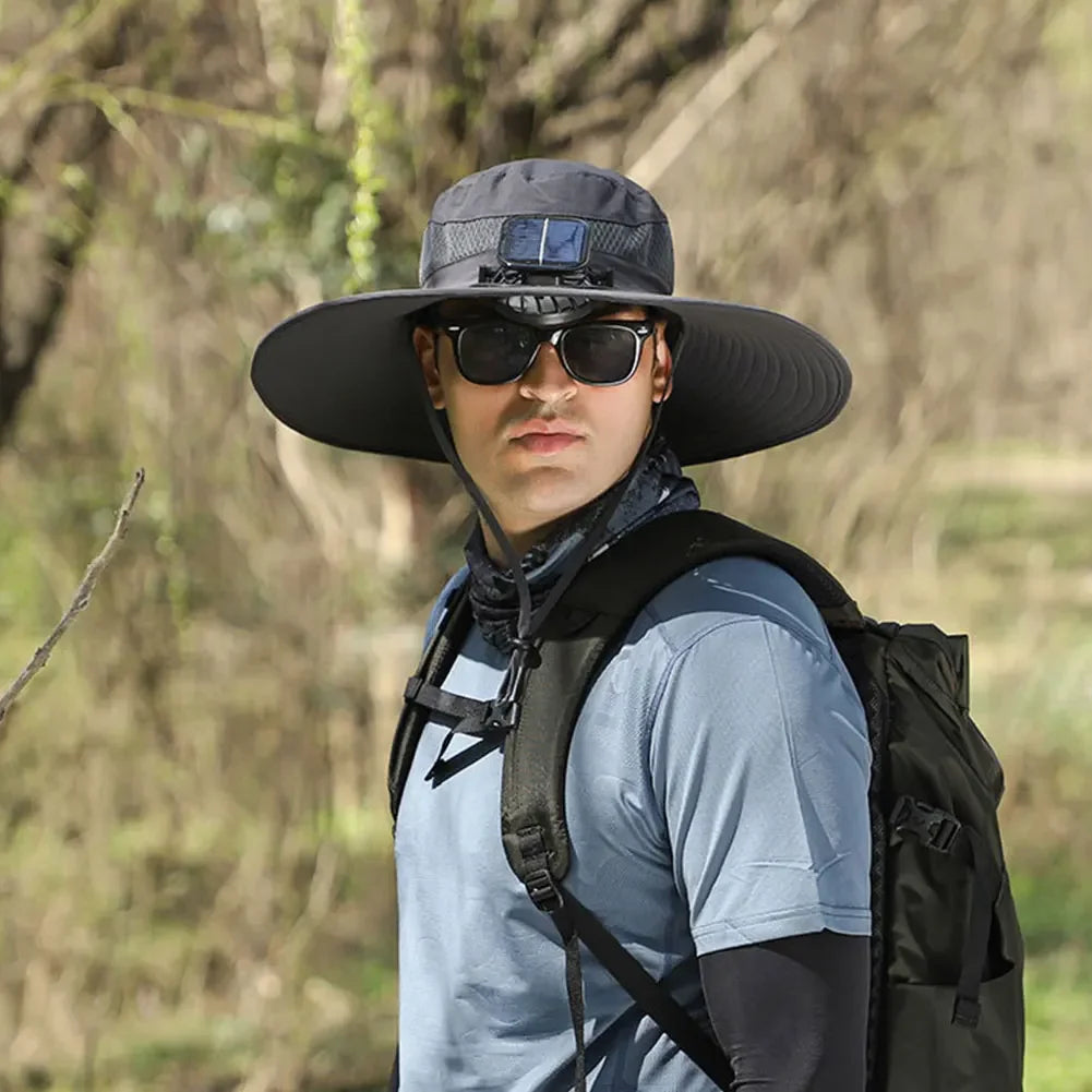 Solar Powered UV Protection Hat – Fan Cooling Wide Brim Cap - Evallys.com