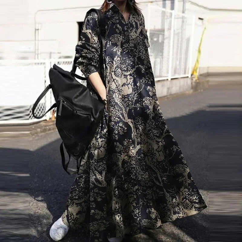Vintage Cotton Linen Shirt Dress Women’s Autumn Long Maxi Robe - Evallys.com