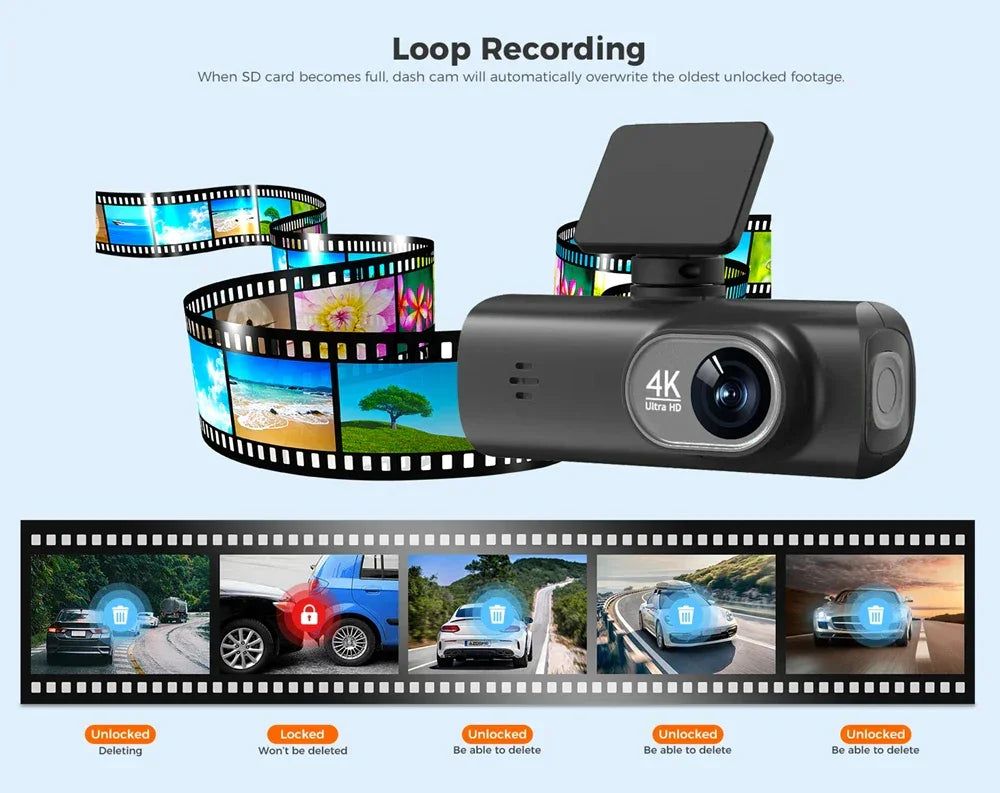 UHD 4K Dash Cam Dual Lens Driving Recorder Car DVR 1080P Rear Lens Camera Built-In WiFi GPS 24-Hour Parking Monitoring Black Box - Evallys.com