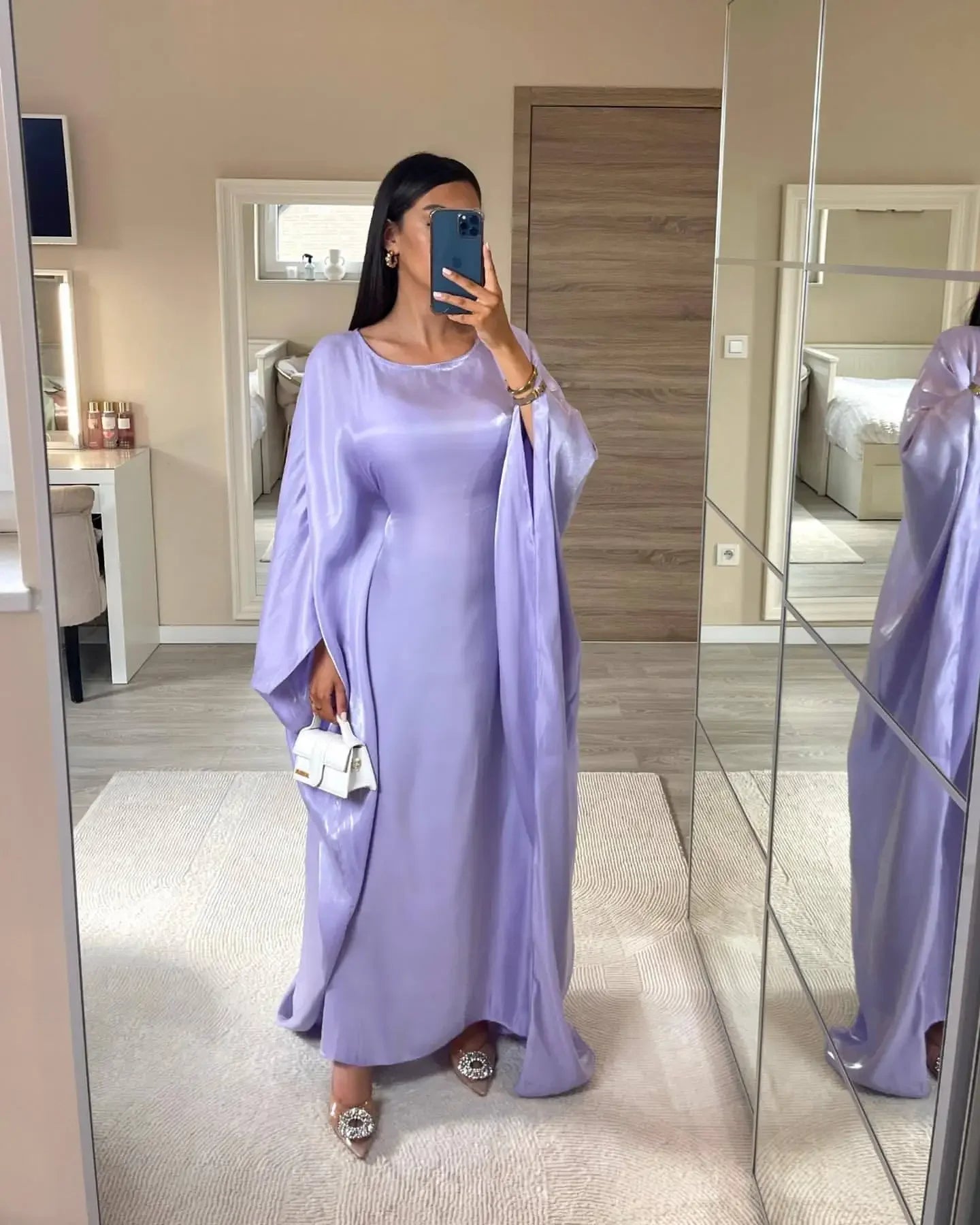 Eid Ramadan Batwing Butterfly Satin Abaya Dubai Luxury Muslim Kaftan Maxi Dress Women Kebaya Robe Caftan Marocain Femme Vestidos - Evallys.com