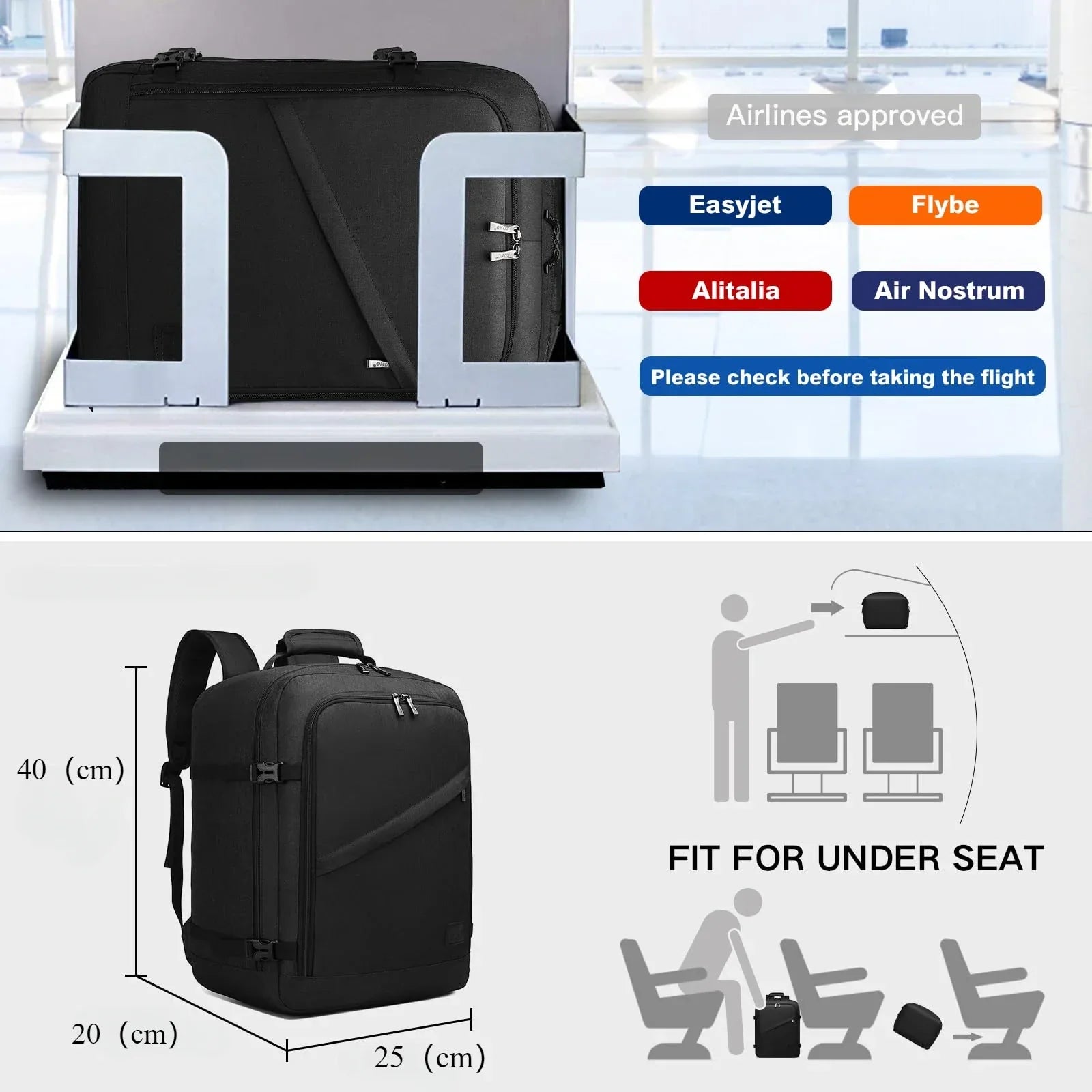 Kono Carry-On Backpack – EasyJet Cabin Bag 40x25x20cm Travel 20L - Evallys.com
