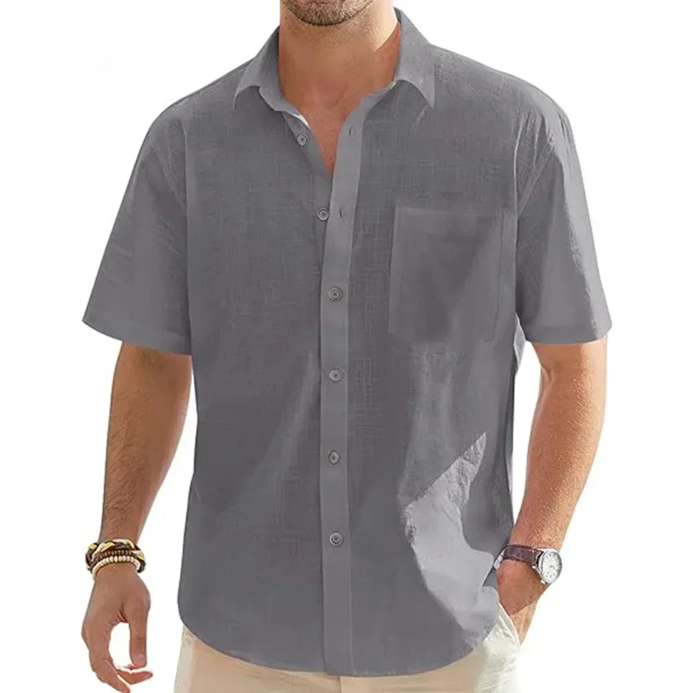 Men's Solid Color Cotton Linen Short Sleeve Shirts Vacation Beach Summer Tops with Pocket Casual Lightweight Button Shirts - Evallys.com