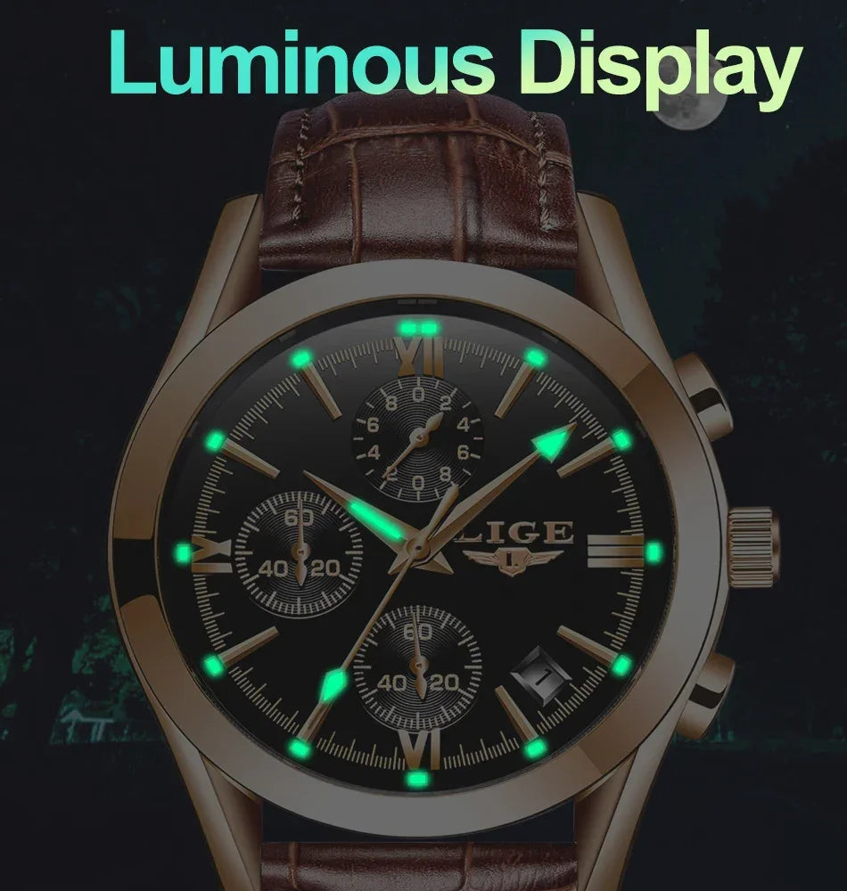 LIGE Men Watch Top Brand Luxury Waterproof Luminous Sport Wristwatch Quartz Military Genuine Leather Relogios Masculino+Box - Evallys.com